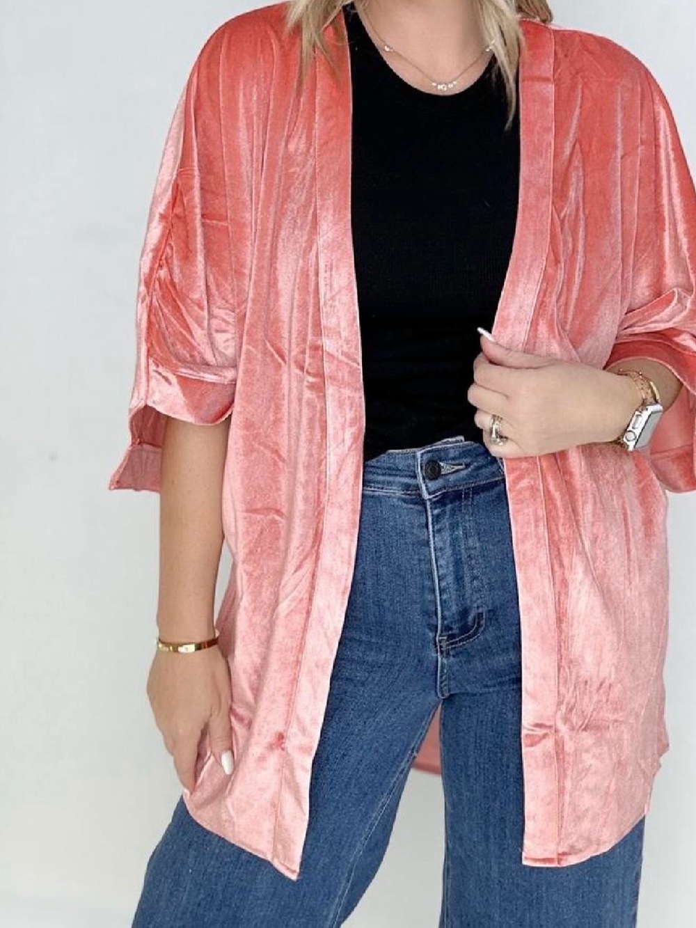 Pink Velvet Open-Front Kimono
